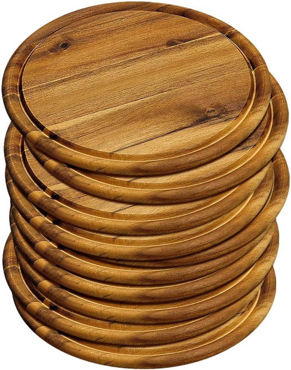 Set van 10 Houten Serveerborden Ø 25 cm - Acaciahout - Vleesborden, Pizzaborden en Serveerplanken