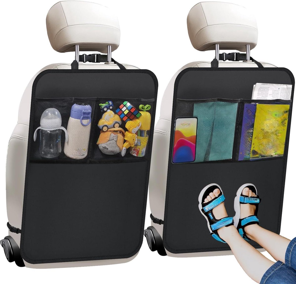 IMPERATORIS® Autostoel Organizer - Bescherming Achterkant Stoel - Met Tablet Houder en Opbergvakken - Voor Kinderen en Reizen - Waterafstotend - 2 Stuks - Zwart - 45 x 60 cm