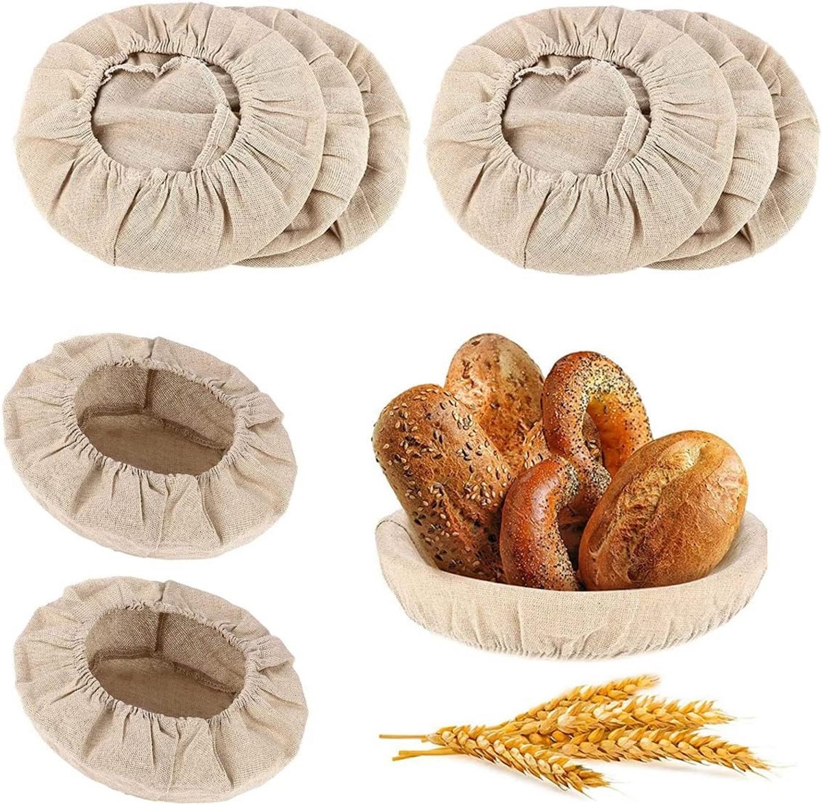 8 stuks katoenen en vlas hoesjes voor broodrijsmanden van 23 cm