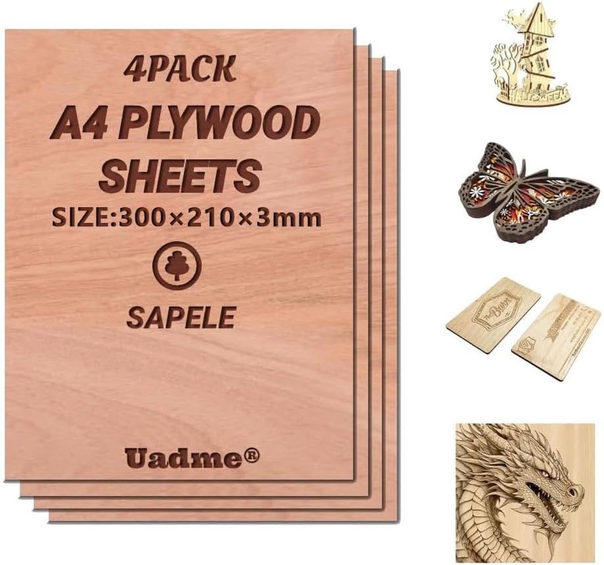 Multiplexplaatjes A4 3mm - 4 Stuks Onafgewerkt Sapele Hout voor Modelbouw, Graveren en Schilderen