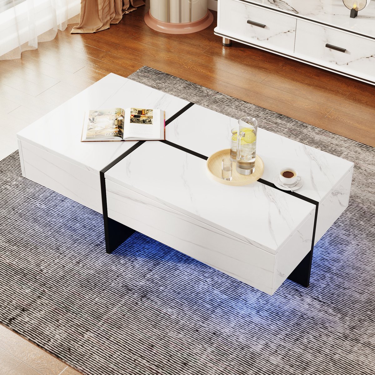 Hoogglans Salontafel - Witte Marmerimitatie - Zwarte Tafel - Woonkamermeubel - 100x50x34,5 cm - App-gesteerd LED Verlichting - MDF - Wit/Zwart