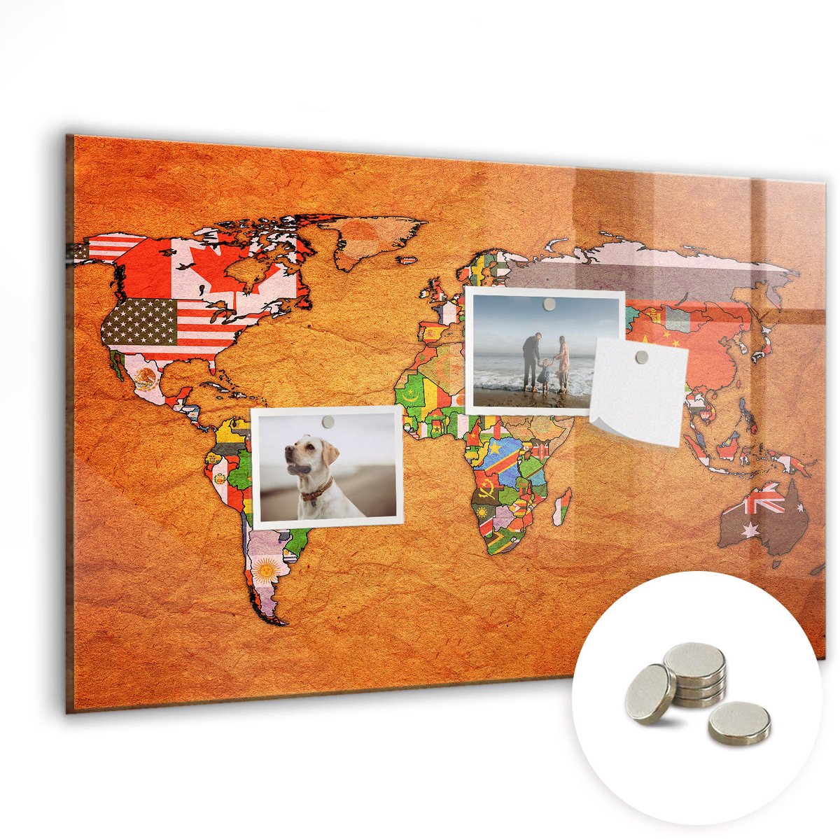 Coloray Magneetbord - Magneet Bord Wereldkaart met vlaggen - 60x40 cm - Veelkleurig Magneetbord - Memobord Keuken - Magnetisch Memobord Kaart - Foto Magneetbord - Magneetbord Muur
