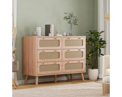 Rotan Dressoir Ladekast met 6 Laden, Houten Keukenkast Buffet met Metalen Handgrepen, Opbergkast Nachtkastje voor Slaapkamer, Keuken, Eetkamer, Woonkamer, Hal, 100x34x73cm (6 Laden, Houtkleur)