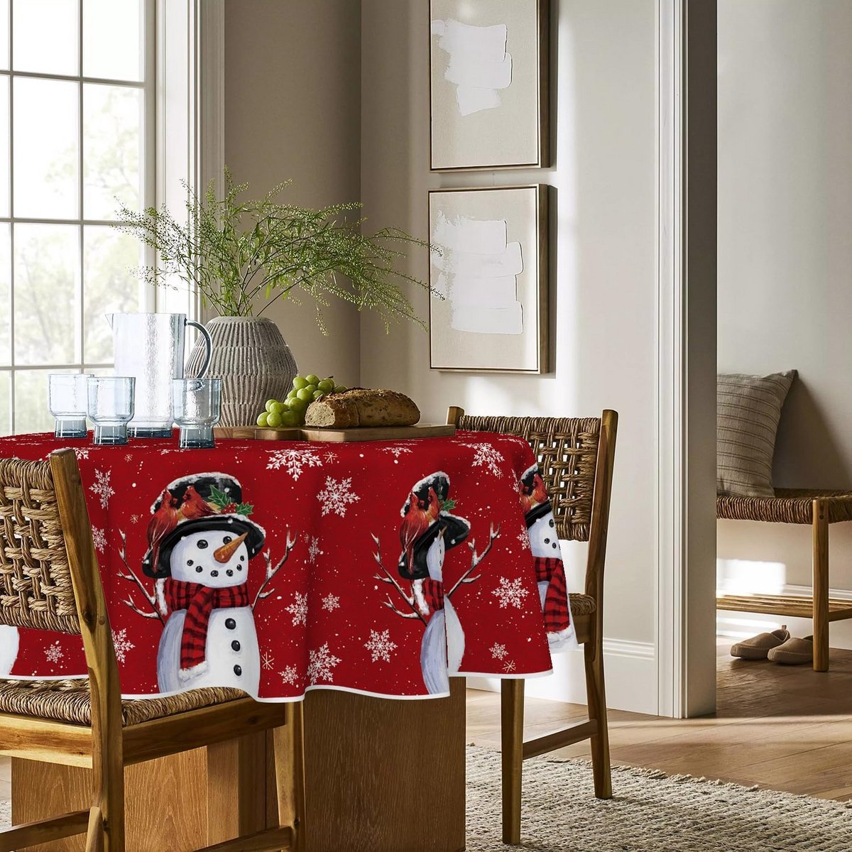 Rond Tafelkleed 140 cm Kerst Sneeuwpop Sneeuwvlokken Winter Decoratie Waterafstotend