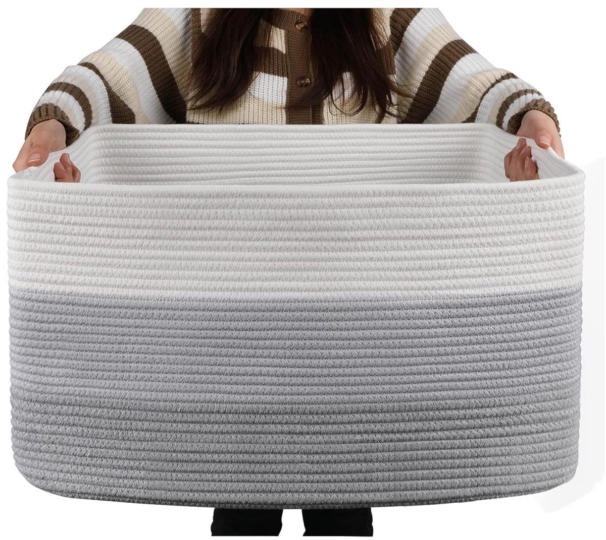 Extra grote mand van katoenen touw - Rechthoekige gevlochten manden - Opbergmand voor dekentjes in de kinderkamer of woonkamer - Speelgoedmand met handvat - 55 x 43 x 30 cm - Grijs