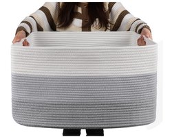 Extra grote mand van katoenen touw - Rechthoekige gevlochten manden - Opbergmand voor dekentjes in de kinderkamer of woonkamer - Speelgoedmand met handvat - 55 x 43 x 30 cm - Grijs