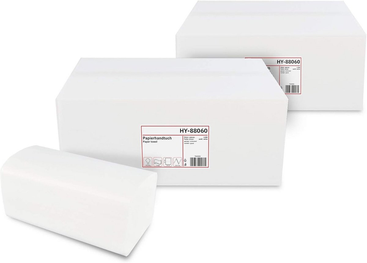 Papieren handdoeken voor dispensers - 2-laags, 24x21 cm, V-vouw - 8000 vellen