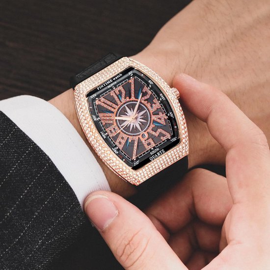 Hip Hop Mannen Crystal Horloge - Bling Bling Rechthoekige RVS Quartz Polshorloge