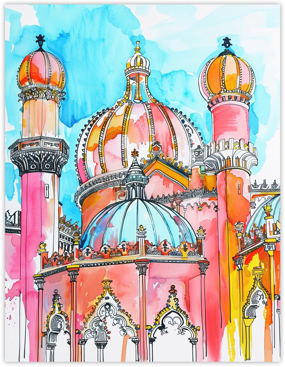 Unyqoos Grote kleurrijke waterverf poster van het Koninklijk Paviljoen in Brighton meerkleurig