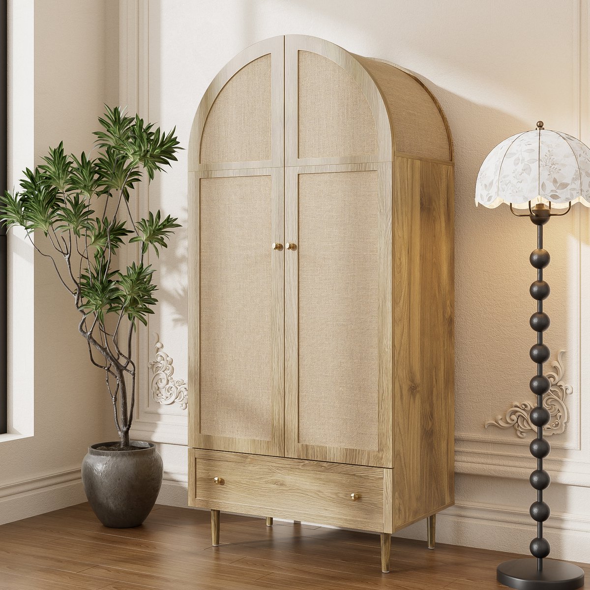 STILVORA Kledingkast - Eikenfineer Met Stoffen Deuren En Gebogen Bovenkant - Met 2 Lades En Kledingstang Voor Slaapkamer - MDF - 79x50x175 cm - Lichtbruin
