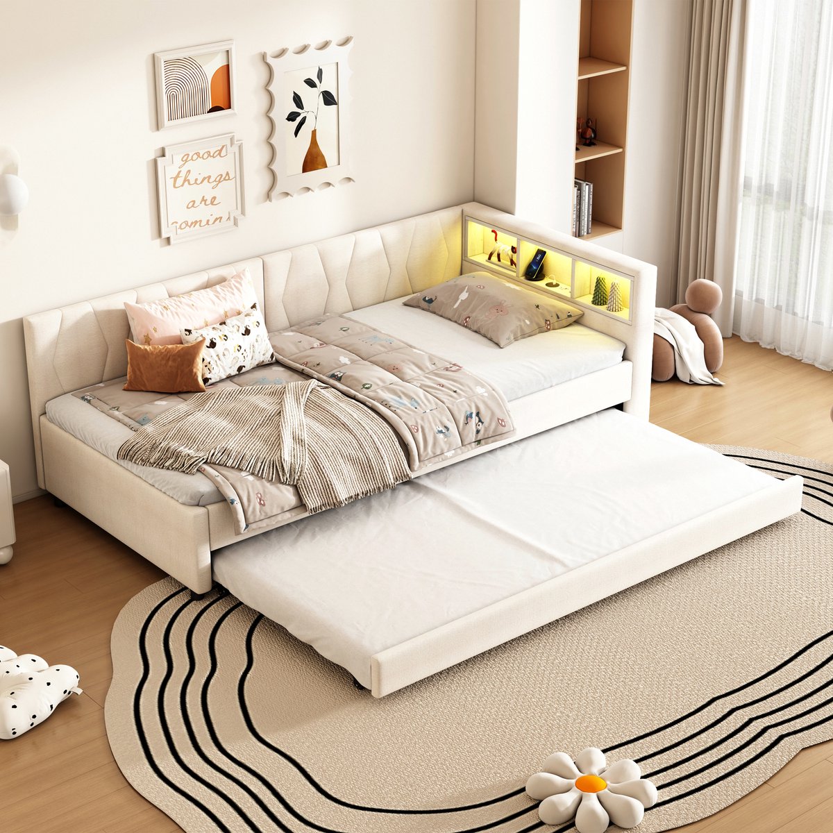 Wishdor Dagbed Met Uitschuifbed - Met Usb En Type-C - Met Led-Lichtstrip - Met Opbergvakken - Linnen En Mdf - Beige - 90 X 200 Cm