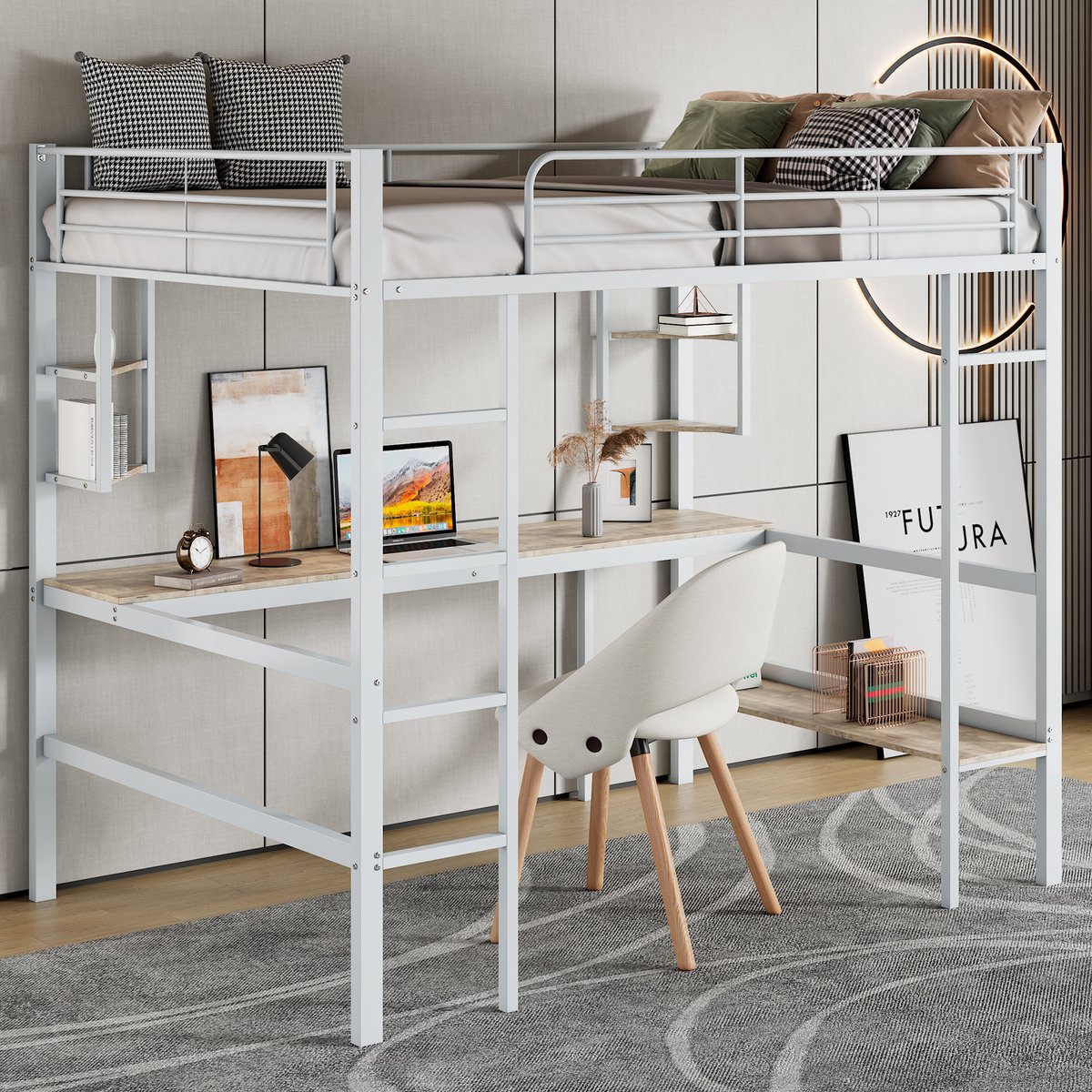 Wishdor Hoogslaper 90x200 cm – Met Bureau & Groot Boekenschap – Inclusief 4 Plankjes – Strak & Functioneel – Metaal & MDF – Wit