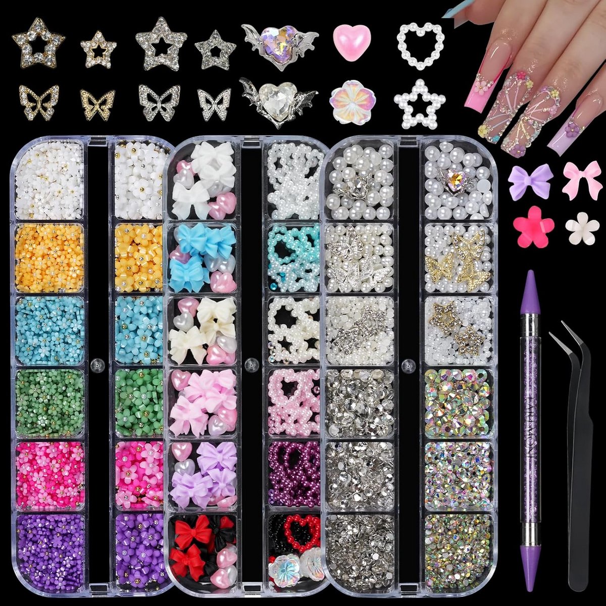 Glitter & Strass Steentjes Set voor 3D Nageldecoratie met Pincet en Dotting Tool