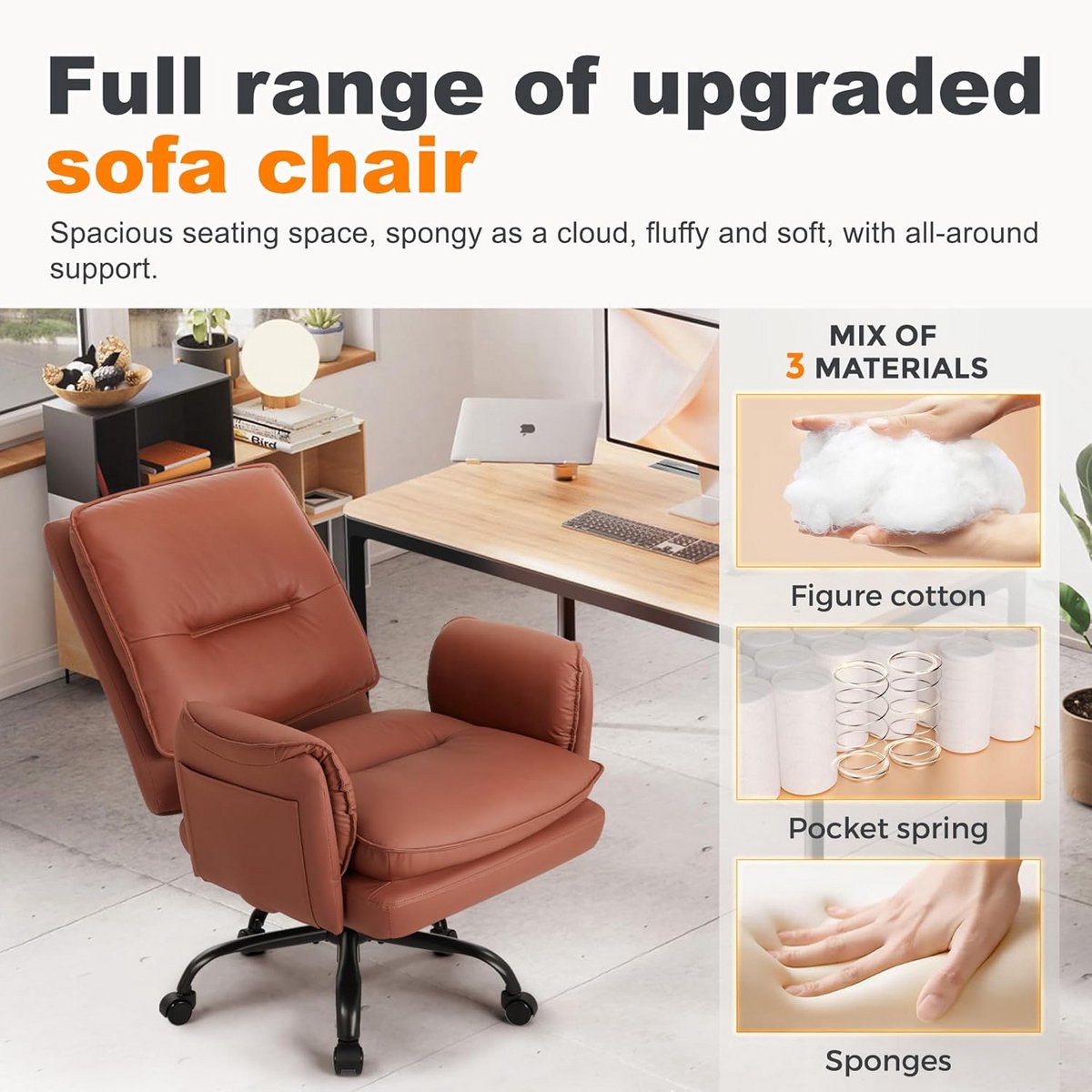 Ergonomische Bureaustoel - Comfortabele Stoel - Thuiswerken Kantoor - Verstelbare Rugleuning - Tot 227 kg - Bruin thumbnail 3
