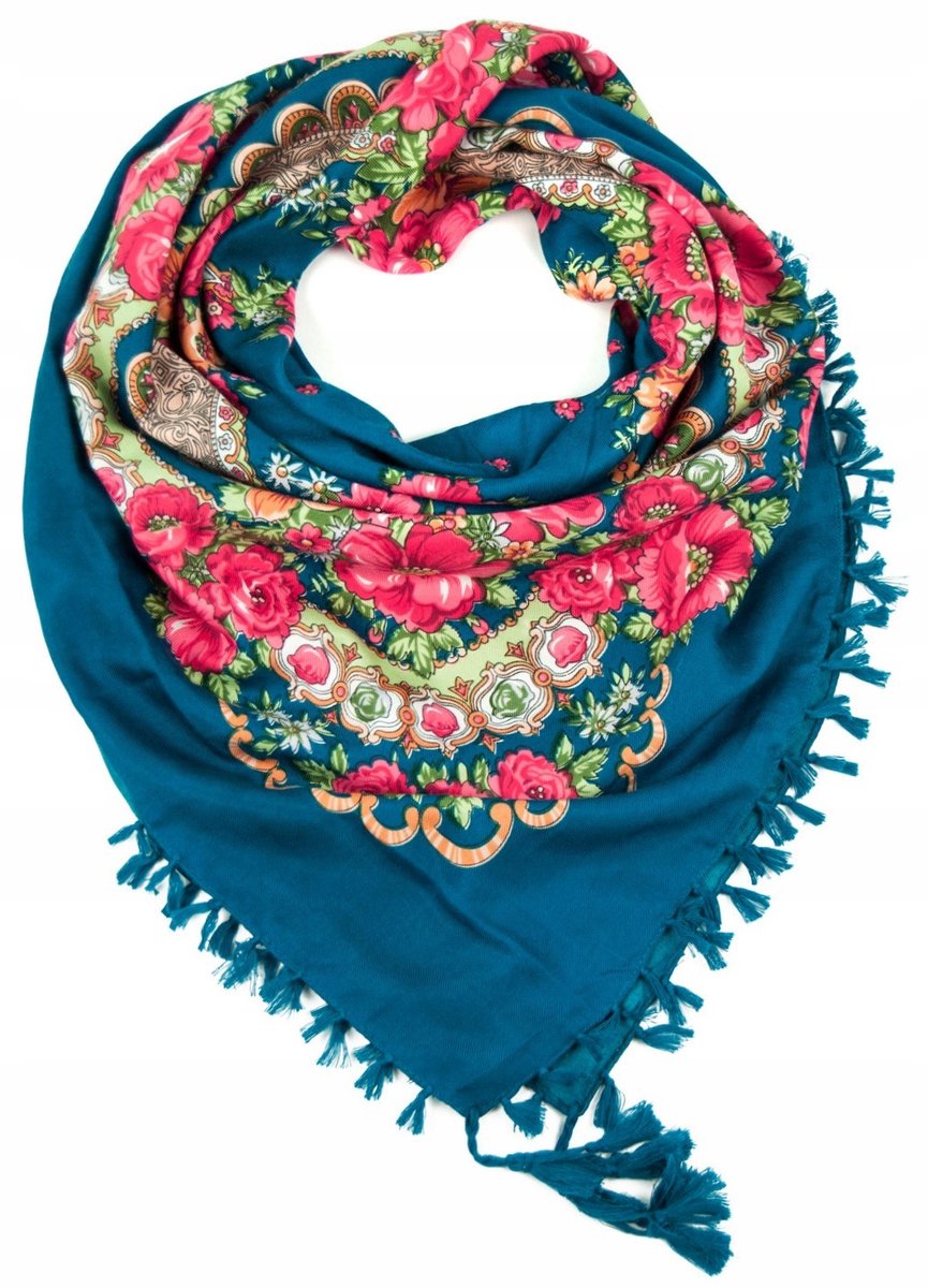 Folk sjaal met bloemen en franjes - dames, one size, zeeblauw