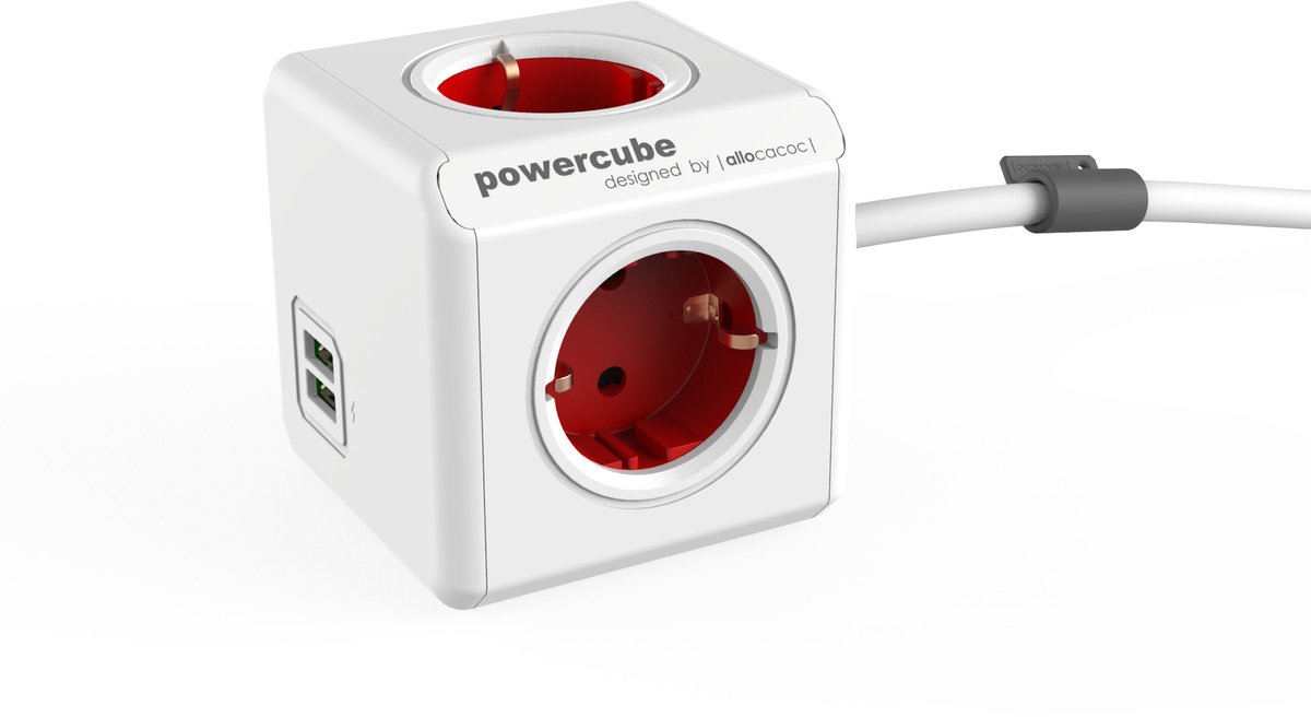Allocacoc PowerCube Extended stekkerdoos met 4 contacten en 2x USB / rood/wit - 1,5 meter