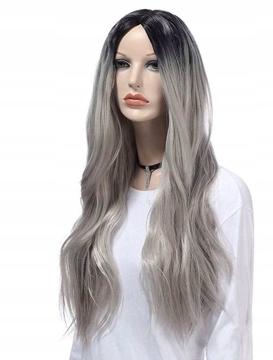 Damespruik Long Grijs Ombre Krullend Synthetisch Haar