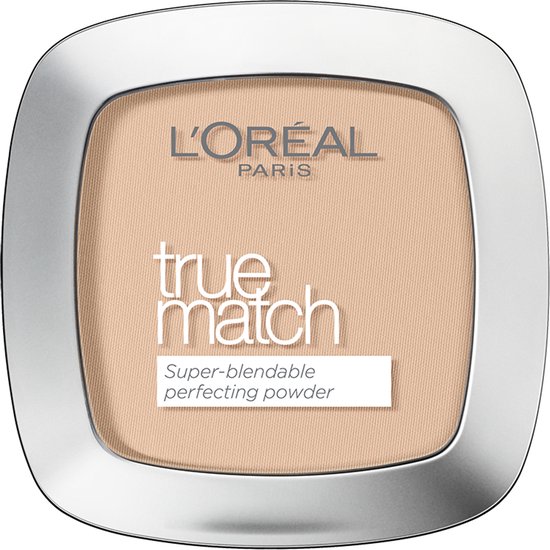 L'Oréal Paris True Match poeder in compact met zilveren rand en tekst 'true match SUPER-BLENDABLE PERFECTING POWDER'.