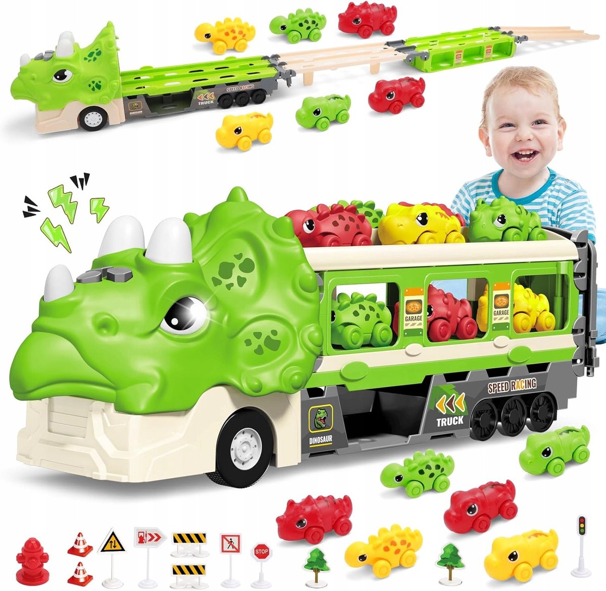 Dino Transport Vrachtwagen Speelgoed met Mini Car's en lichteffecten