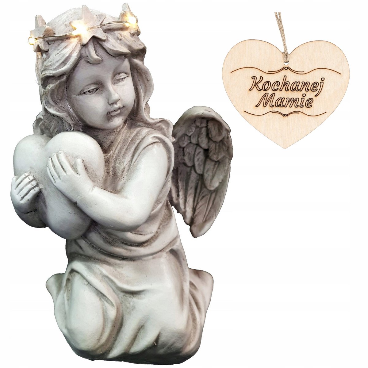 Grote Engel Znicz met Hart en LED - 20cm - Voor Tuin of Graf