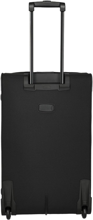 Arrière d'une valise trolley noire avec poignée rétractable et roues.