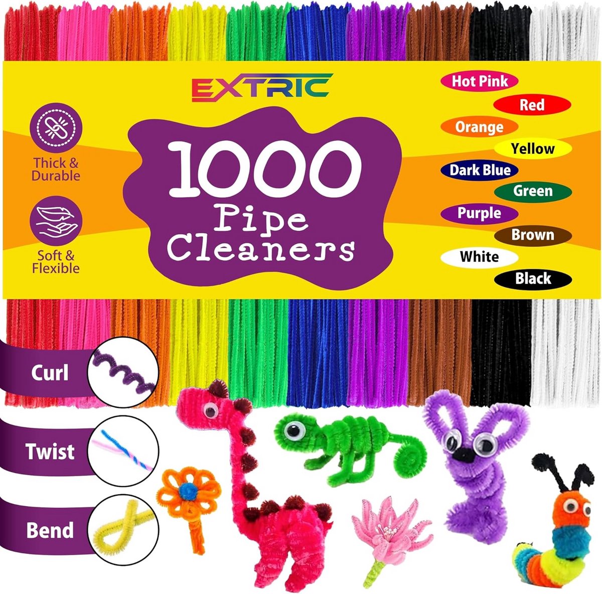 1000 Pijpenreinigers Set - 10 Kleuren Chenillestengels voor Knutselen en Hobby