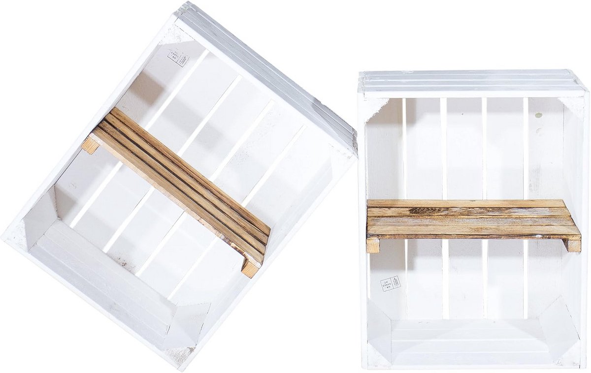 Set van 2 Houten Opbergkisten Wit met Gevlamde Plank - Decoratieve Fruitkisten voor Boeken en Schoenen