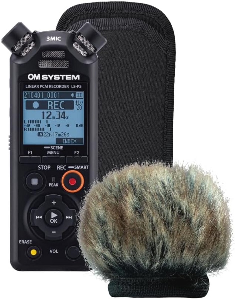 Hoge-resolutie audiorecorder met windbescherming en accessoires