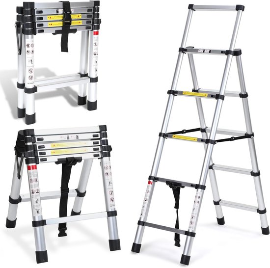 Sonnewelt Telescopische ladder, vouwladder, 1,4 m 1,7 m, 4 5 treden