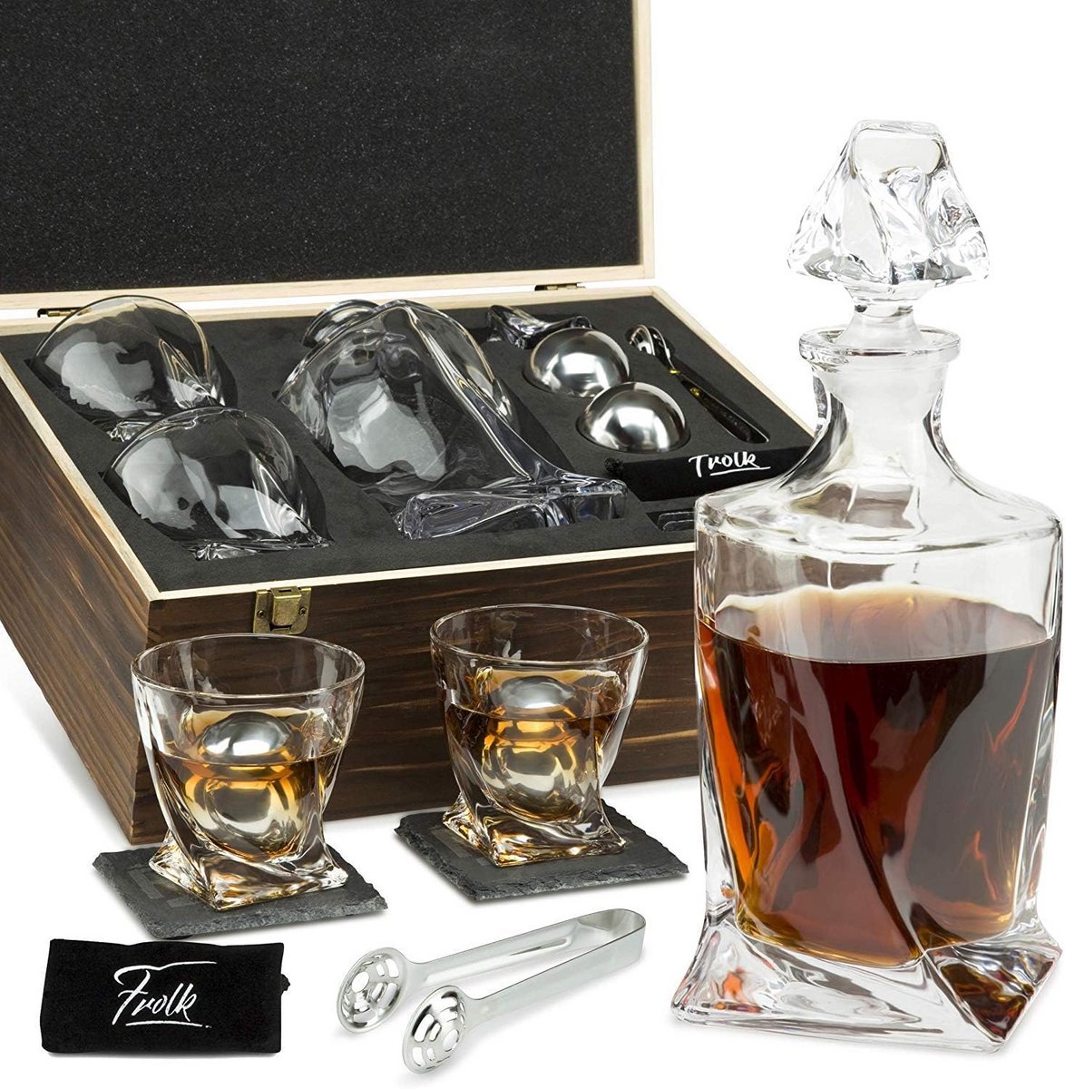 Luxe Whiskey Geschenkset met Glas, Koelstenen en Houten Kist