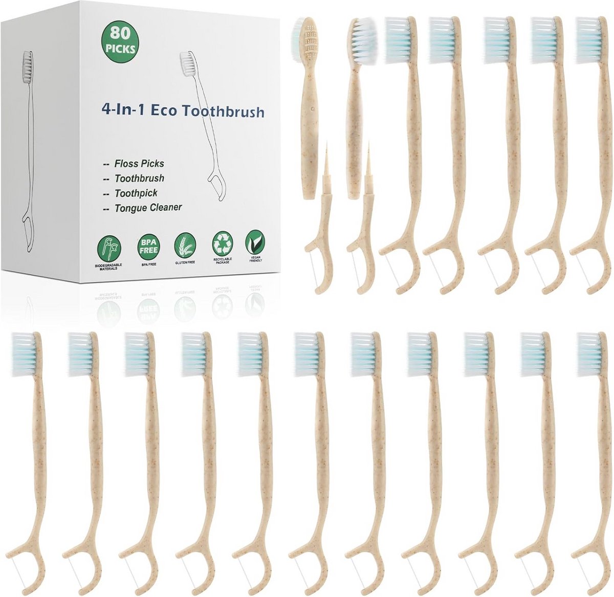 Biologisch afbreekbare 4-in-1 Reistandenborstel met Tandzijde en Tongschraper