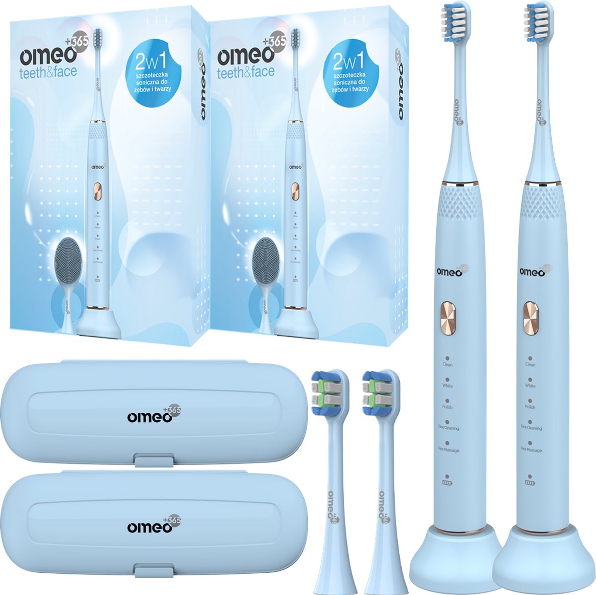 2x Elektrische Tandenborstel OMEO+365 Teeth&Face Blauw - Sonische Tandenborstel & Gezichtsborstel - 96000 trillingen - 5 programma's - 60 dagen batterij
