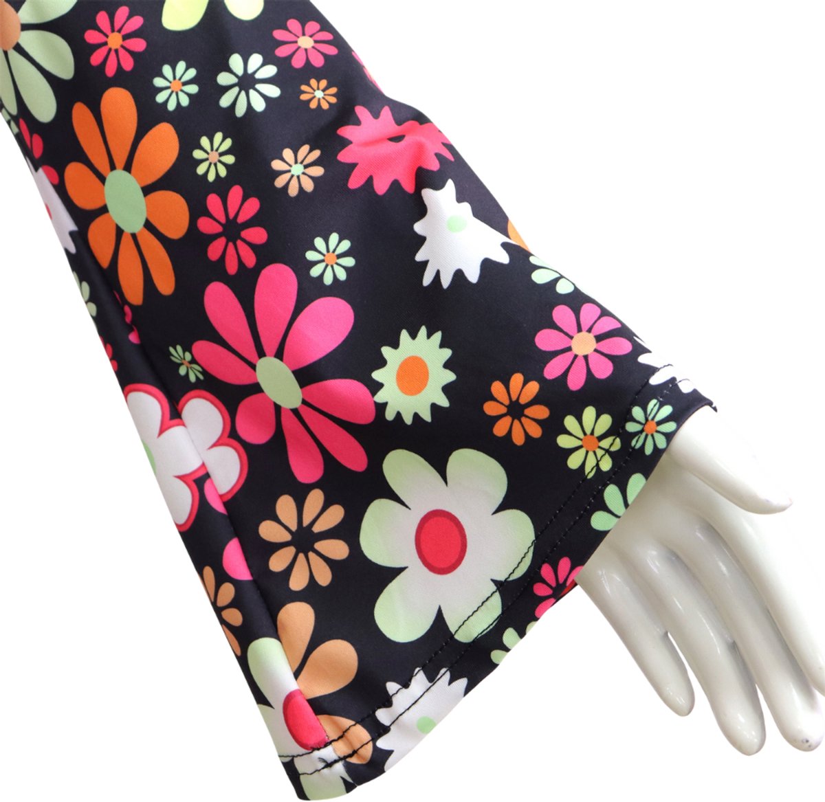 Joya Party® Hippie Verkleedjurk Dames Zwart met Bloemen print | Jaren Flower Power Kostuum | Inclusief Haarband | Verkleedkleding Bloemen Volwassenen | Stretch Stof | Carnaval / Themafeest | — afbeelding 8
