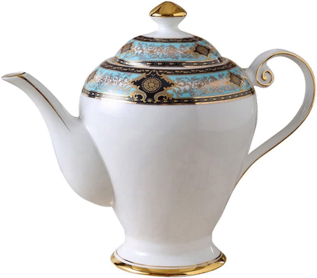 Grote Theepot van Bone China, 1 Liter Keramische Koffiekan met Vrolijk Vliegend Vogel en Boom Patroon (Blauw)
