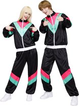 Joya Party® Retro Trainingspak Volwassenen | Carnavalskleding Heren & Dames | Verkleedkleren Man Vrouw | Jaren 80 & 90 Stijl | Unisex Oversized | Verkleedpak | Carnaval, Halloween & Verkleedfeest | Zwart met Neon Roze & Groen | Maat XS/S
