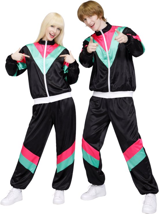 Joya Party® Retro Trainingspak Volwassenen | Carnavalskleding Heren & Dames | Verkleedkleren Man Vrouw | Jaren 80 & 90 Stijl | Unisex Oversized | Verkleedpak | Carnaval, Halloween & Verkleedfeest | Zwart met Neon Roze & Groen | Maat XS/S