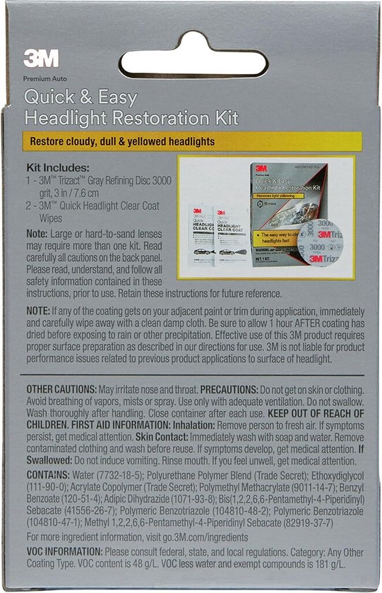 Achterkant 3M Quick & Easy Headlight Restoration Kit met lijst van inhoud en waarschuwingen.