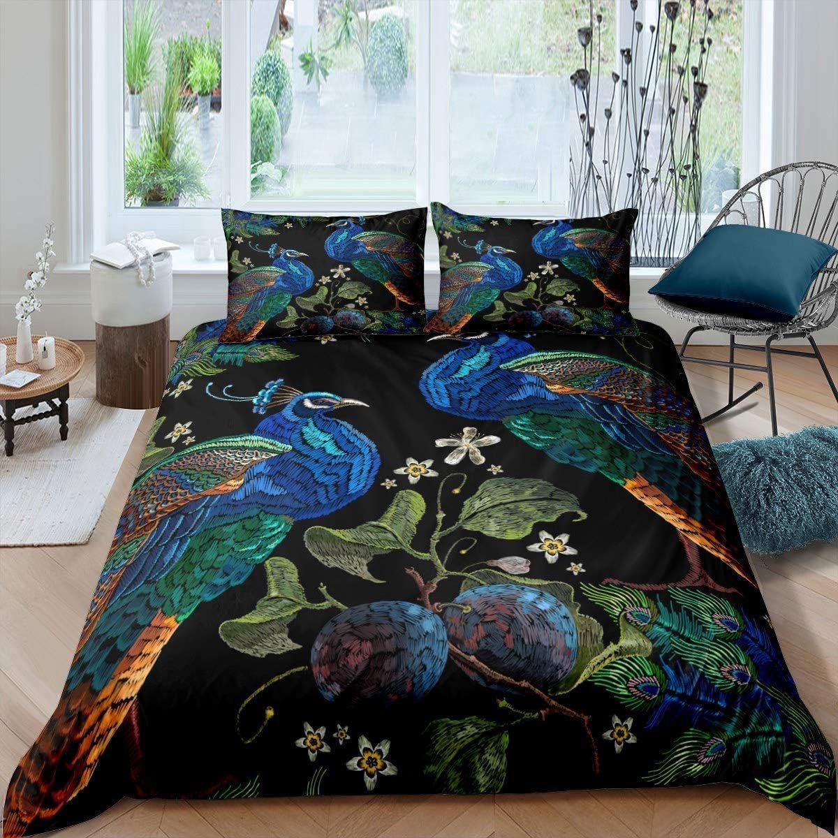 Ibenzoa Bohemian Dekbedovertrek Set met Pauwenmotief en Kussenslopen Zwart