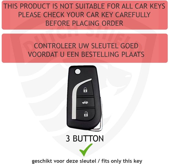 Een autosleutel met 3 knoppen, met de tekst 'geschikt voor deze sleutel'.