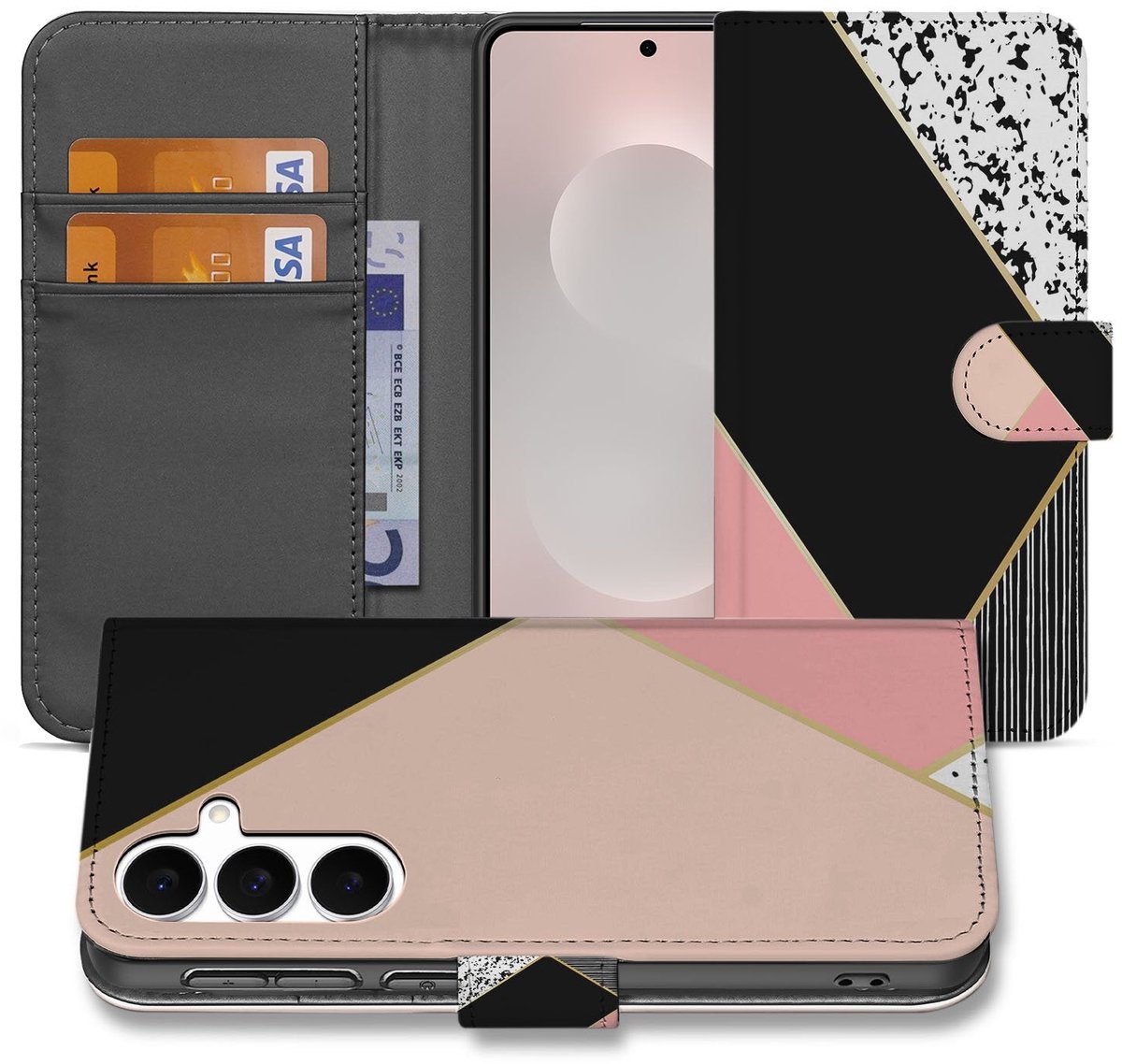 Samsung Galaxy S25 FE Bookcase Zwart Roze Vormen Met 3 Pasjes