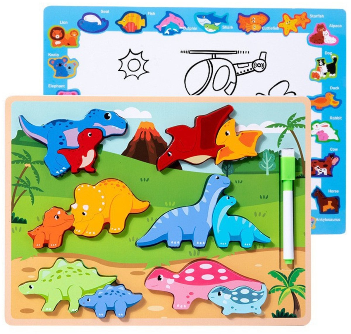 Houten Educatieve Dinosaurus Puzzel Bord 2-in-1 - Met Tekenbord en Uitwisbare Stift - 12 Delen - Puzzel en Teken Bord - 2 in 1 - Whiteboard
