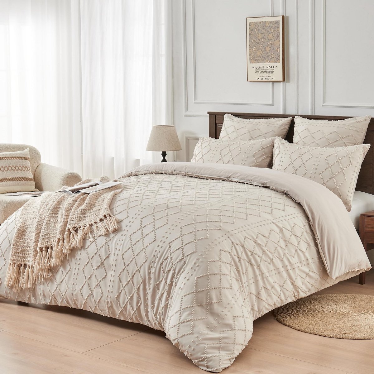 Ibenzoa Bohemian Stijl Dekbedovertrekset 220x240 cm met Kussenslopen en Rits Beige