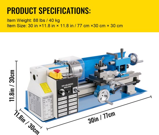 Afmetingen van de mini-metaaldraaibank: 30 inch x 11,8 inch x 11,8 inch (77 cm x 30 cm x 30 cm), gewicht 88 lbs / 40 kg.
