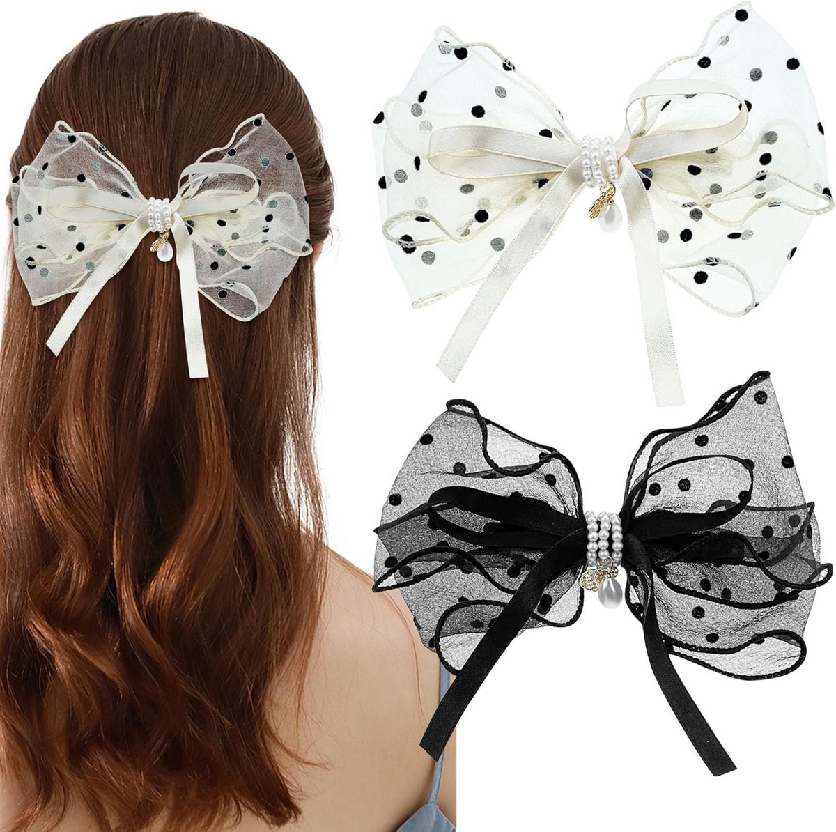 2x Grote Strik Haarspeldjes met Parel en Polka Dot voor Dames en Meisjes