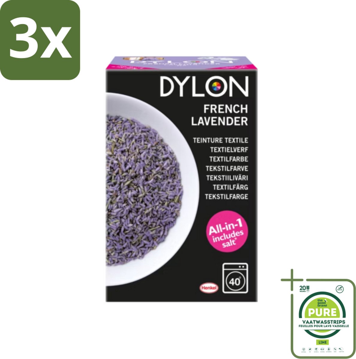 3 x Dylon - Textielverf - French Lavender - All-in-One - Inclusief Zout - 350g - Grootverpakking - Textielverf - Dylon - Lavendelkleur - Verfstoffen - Textielverfset