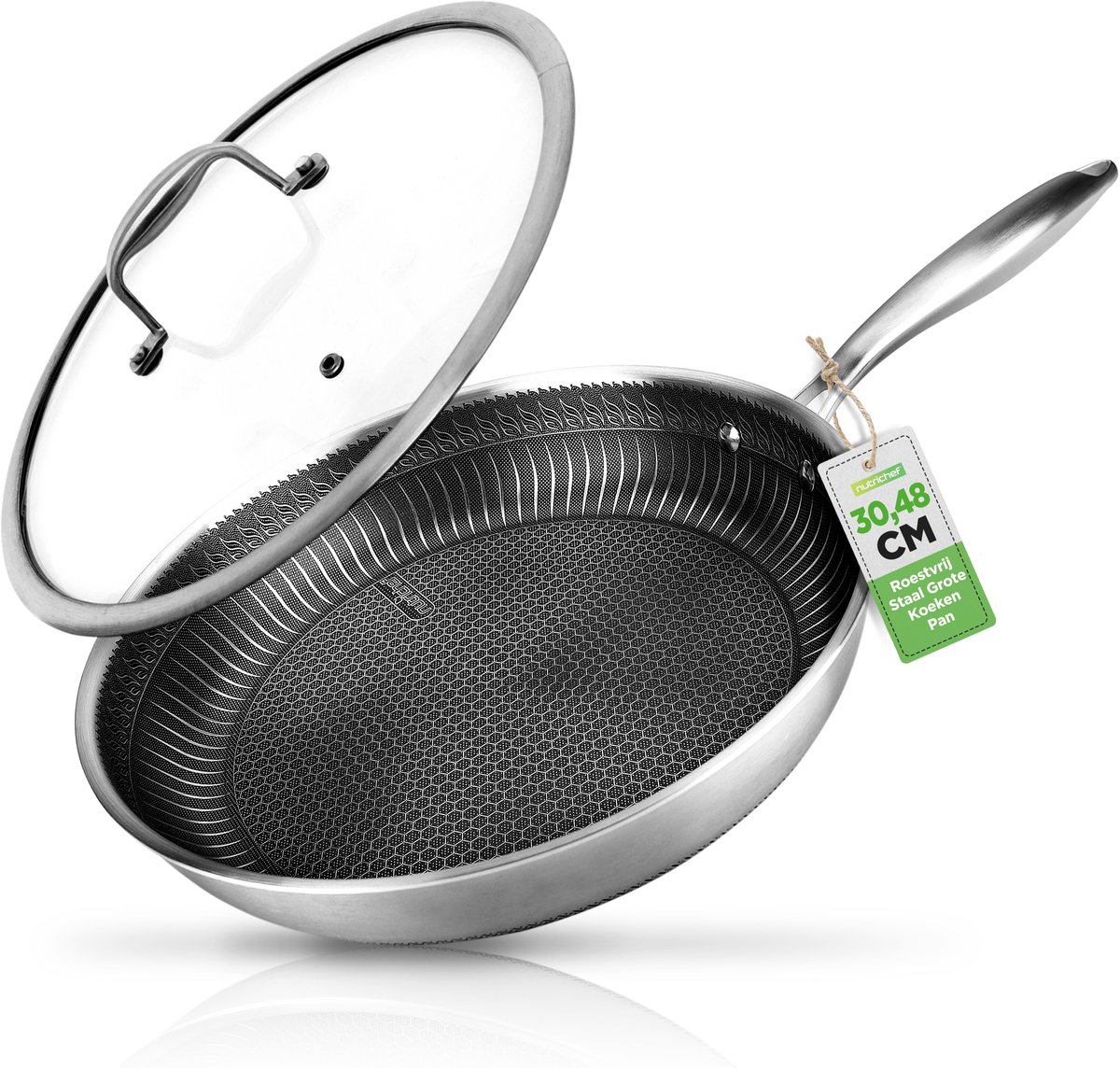 NutriChef Koekenpan - 30 cm Roestvrijstalen Wokpan - Antikleeflaag- Krasbestendig- Oven- en Vaatwasserbestendig
