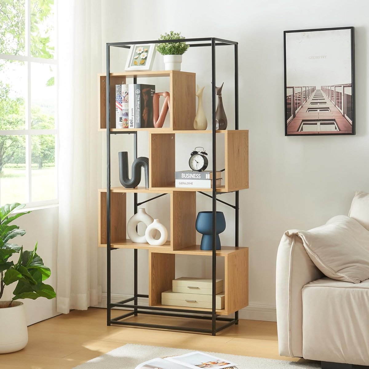 Open Boekenkast met 4 Vakken 160x80cm - Multifunctioneel Staand Rek Zwart/Eiken