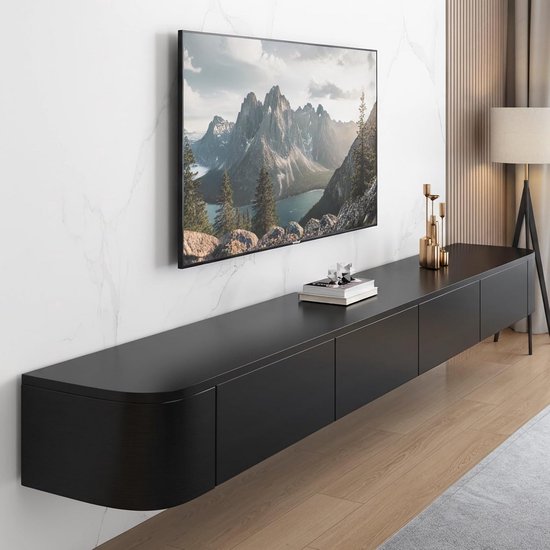 Zwevend TV-Meubel Zwart 260 cm Breed - Wandkast met Opbergruimte en ...