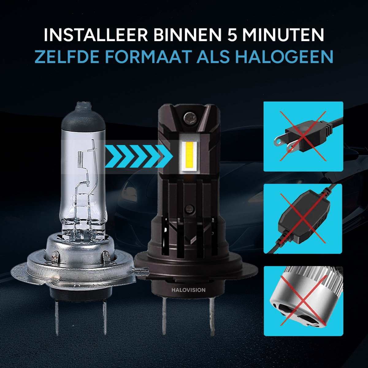 HaloVision Turbo LED Koplampen H7 + Stadslicht T10 – 25W 5000Lm 6000K Helder Wit – Canbus Plug en Play Dimlicht + Dagrijverlichting LED Set van 4 Autolampen – foto 8