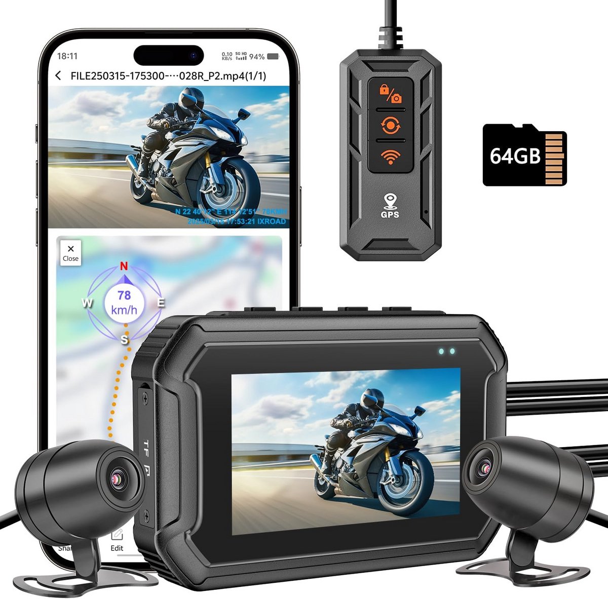 Waterdichte Motorfiets Dashcam Voor en Achter met WiFi en GPS